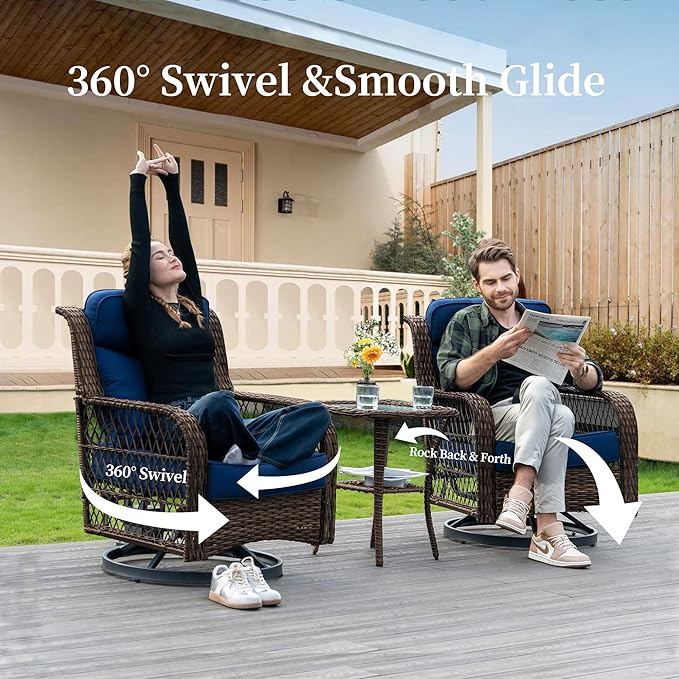 PIZZELLO 4 Pieces Patio Furniture Set w/ 5" Cushions and 25" Full Support Back, Outdoor Loveseat Couch, Swivel Rocker Patio Chairs and Side Table, Wicker Sectional Conversation Set for Backyard