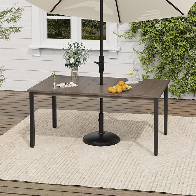VICLLAX Outdoor Table for 6, Metal Patio Dining Table with Umbrella Hole for Garden Lawn Deck Backyard, Antique Grey Tabletop
