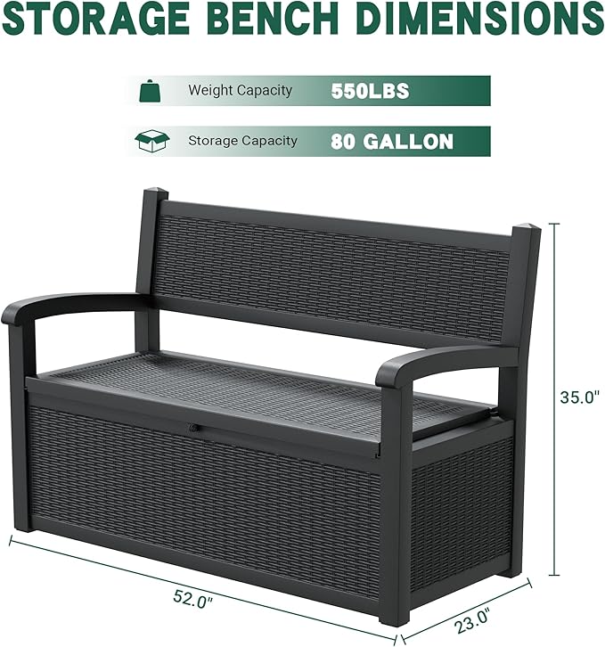 80 Gallon Outdoor Storage Box, Deck Box with Waterproof and UV Resistant, Resin Patio Furniture with Lockable for Garden Tools and Pool Supplies, Black