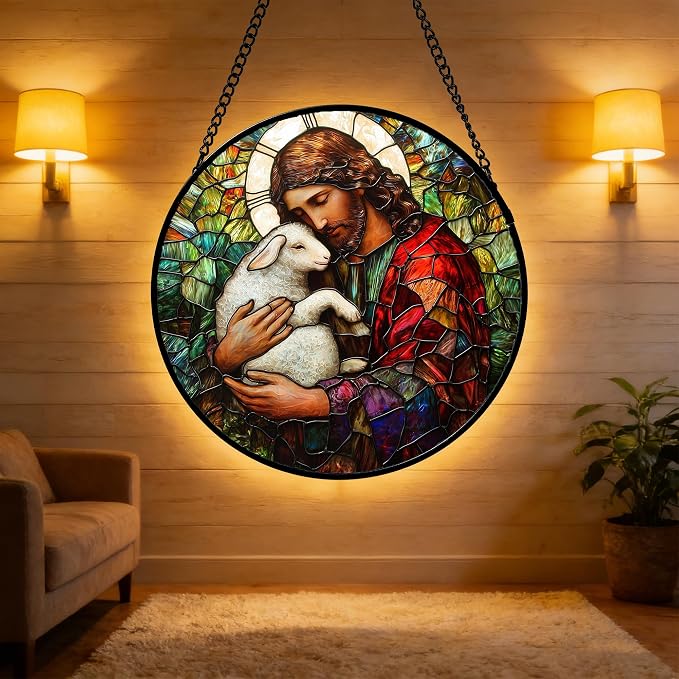 DASTOLL Stained Glass Window Hanging, Jesus Little Lamb Sun Catchers Colorful Glass Panel Christianity Suncatcher Decor for Birthday for Women, Men, Wife, Aunt, and Mom 9.8 in