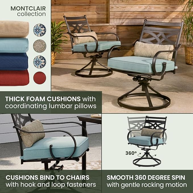 Hanover Montclair 3-Piece Outdoor Bistro Set with 2 Swivel Rocker Chairs with Comfortable Seat and Lumbar Cushions, 27" Square Stamped Rectangle Table, All-Weather Patio Conversation Set