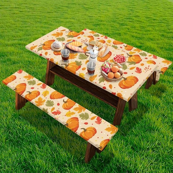Fall Picnic Table Cover Fitted Picnic Table Cover with Bench Covers Picnic Table Cover Set of 3 Camping Rectangular Tablecloth Suitable for Family Gatherings Vacations Outdoor