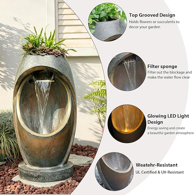 Sunlinua Modern Water Fountain Outdoor Waterfall Water Fountains Resin Water Feature with Pump, LED Lights for Garden, Patio, Porch, 28" Height