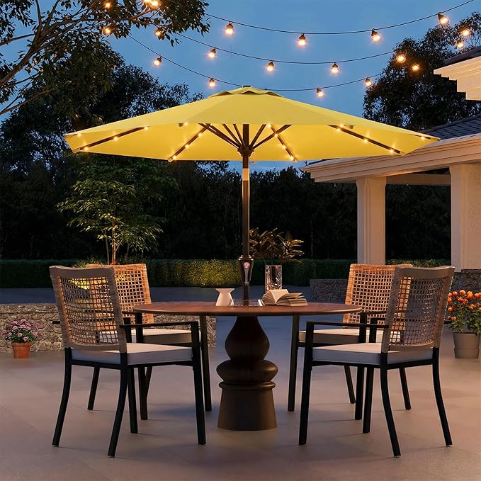 9FT Solar Umbrella 32 LED Lighted Patio Umbrella Table Market Umbrella w/Tilt and Crank, UV-Resistant Outdoor Umbrella for Pool, Garden, Deck, Sunshine Yellow