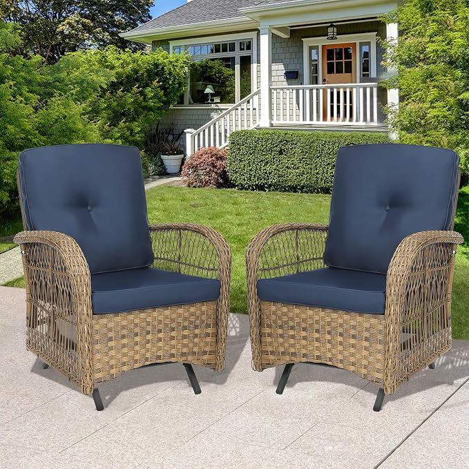 Outdoor Wicker Glider Rocker Chair, Patio Rattan Gliding Rocking Chairs Set of 2 with Thickened Cushions, All-Weather Wicker Furniture Sets for Porch Garden & Backyard, Navy Blue