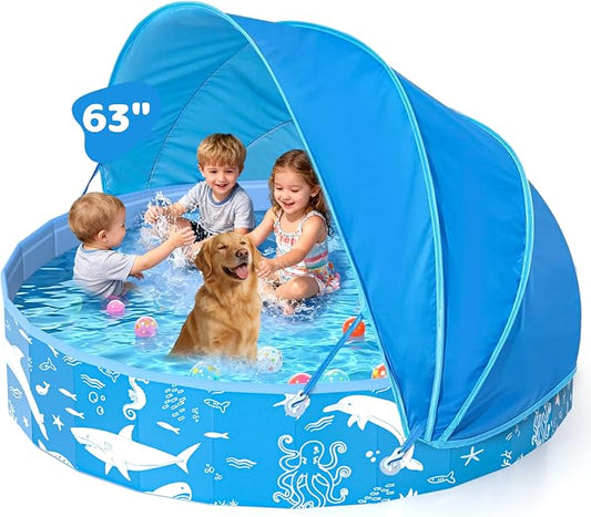 63” Extra Large Kiddie Pool with Canopy, EPN UPF 50+ Sun Shade Baby Pool, No Inflation Foldable Toddler Pool for Backyard Outdoor & Beach, Portable Thickened PVC BPA-Free Kids Water Play Pool, Blue