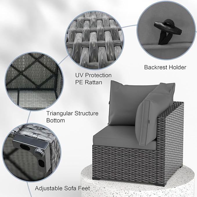 Patio Furniture Set with Fire Pit Table, 8PCS Outdoor Conversation Sets Waterproof Rattan Sectional Sofa with 4” Thickened Cushion Modular Wicker Patio Furniture Set with Glass Top Table (Grey)