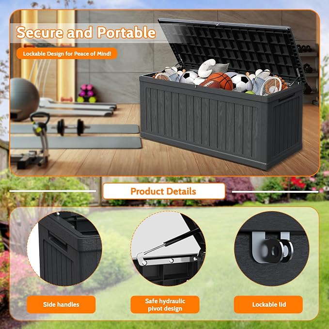 320 Gallon Waterproof Outdoor Storage Box, Lockable Patio Deck Boxes With Handle, Indoor and outdoor Resin Storage Box for Garden Tools, Patio Cushions, Package Delivery, Black