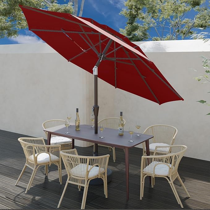 9FT 3 Tiers Patio Umbrella With Auto Tilt And Crank, Outdoor Table Market Umbrella with 8 Sturdy Ribs for Garden, Lawn, Deck, Backyard and Pool