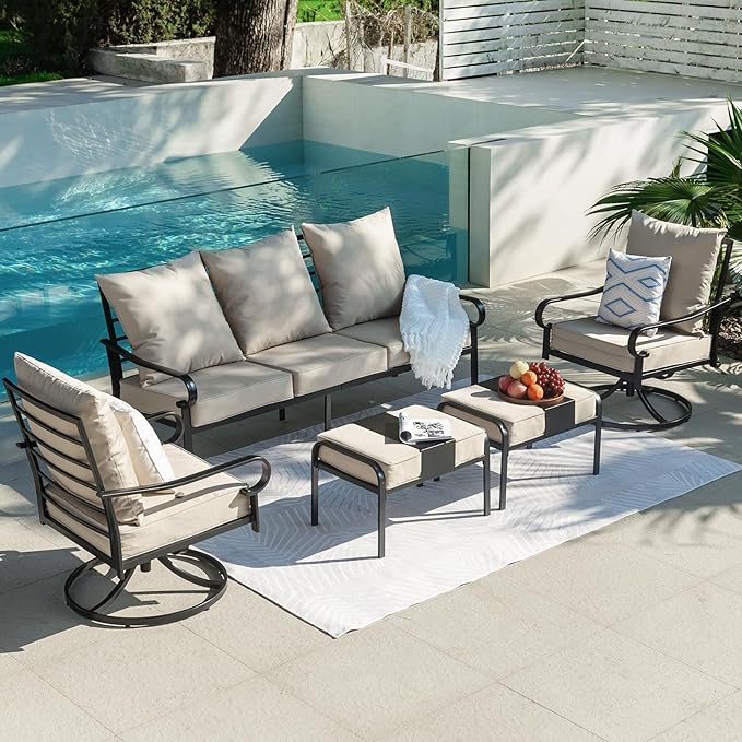 5 Piece Patio Furniture Set, Metal Patio Conversation Set with 1x3 Seater Sofa & 2xSwivel Chairs & 2xOttomans, 5.75'' Extra Thick Cushion for Lawn Garden Backyard, Beige