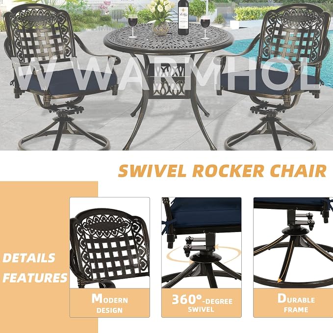 5 Piece Patio Dining Set, Outdoor Table and Chairs Set for 4 Cushioned Swivel Rocking Chairs and 35.4'' Round Table, All-Weather Cast Aluminum Patio Funiture Set, 2'' Umbrella Hole, Navy