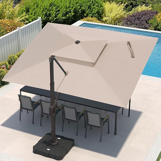 9x12 FT Cantilever Patio Umbrella with Base and Led Lights Double Top Outdoor Rectangular Large Heavy Duty Aluminum Offset Umbrellas with 7 Level Tilt 360-degree Rotation for Pool Garden Deck, Beige