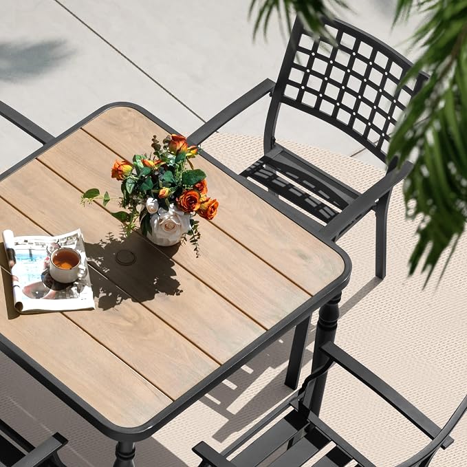 NUU GARDEN 5-Piece Outdoor Patio Dining Set, Wood-Grain Tabletop with Umbrella Hole & Metal Frame, All-Weather Stackable Chairs, Furniture for Backyard Pool Porch Deck, Black