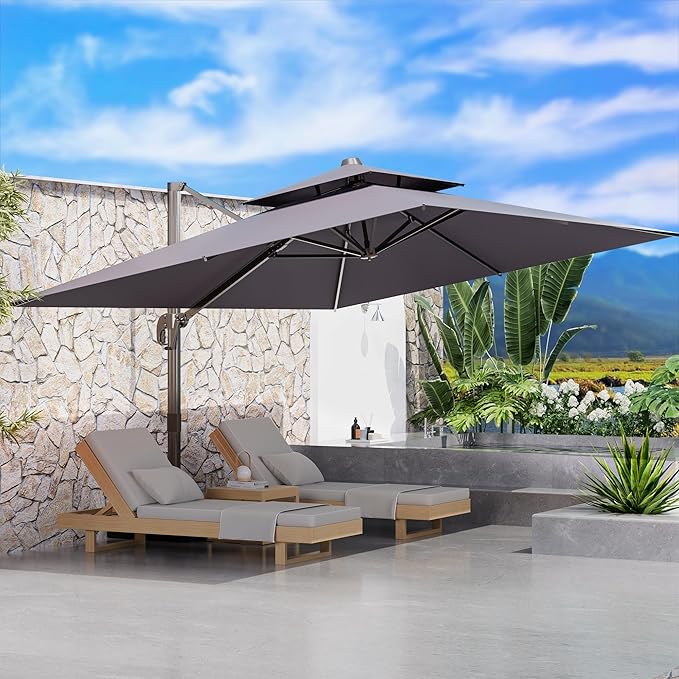 10' X 13' Outdoor Patio Umbrella Large Rectangle Cantilever Umbrella with Base Included, Heavy Duty 360°Rotation Offset Umbrella for Garden Deck Pool Patio,Grey
