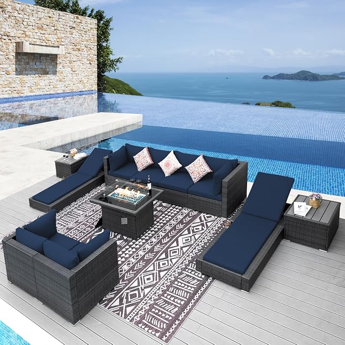 NICESOUL 11 Piece Sectional Patio Set with Loungers, Backyard Seating with Firepit, Comfy 29.3'' High-Back Deep Outdoor Couch Sofa, Heavy Duty All-Weather Wicker Furniture for Exterior, Grey & Blue