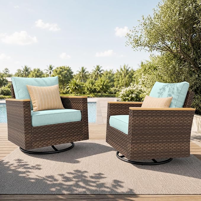 PHI VILLA Wicker Patio Furniture Set with Swivel Chairs, Rattan Sectional Outdoor Couch with Deep Seating for Poolside, Backyard, 2 x Swivel Patio Sofa, Aqua Blue Color