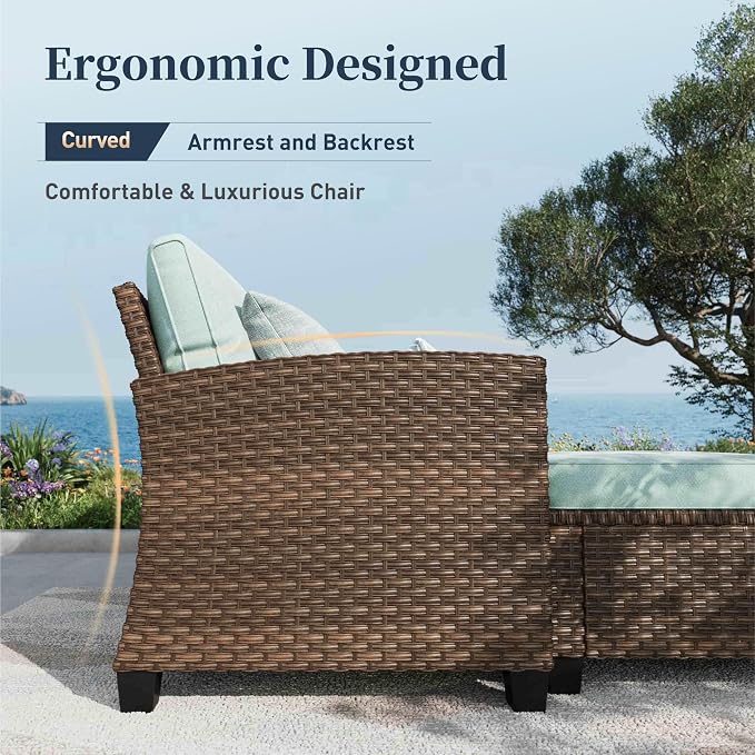 SUNSHINE VALLEY Swivel Glider Patio Furniture Set Outdoor Furniture Brown Wicker Rattan Patio Conversation Sets with Cushion Outside Sofa Set,5 Pieces 7 Seats,Blue