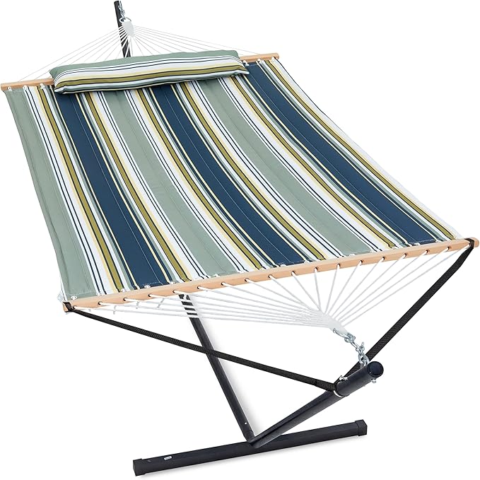 2 Person Hammock with Stand for Outside, Heavy Duty Steel Stand, Double 55inch Hammocks, Large Removable Pillow, Storage Bags, Max 475 lbs Capacity (Ridge Olive Green)