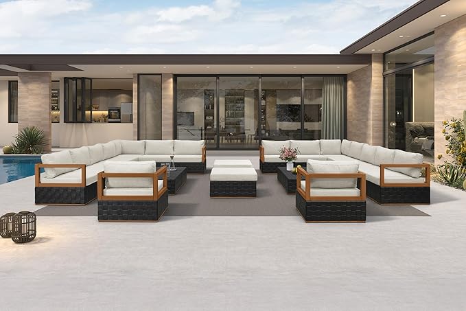 PURPLE LEAF Patio Outdoor Furniture Set 22 Pieces, Premium Leather Outdoor Couch Sectional Sofa, Modular Patio Conversation Sets with Olefin Cushions, Patio Couch for Porch, Balcony, Garden, Black