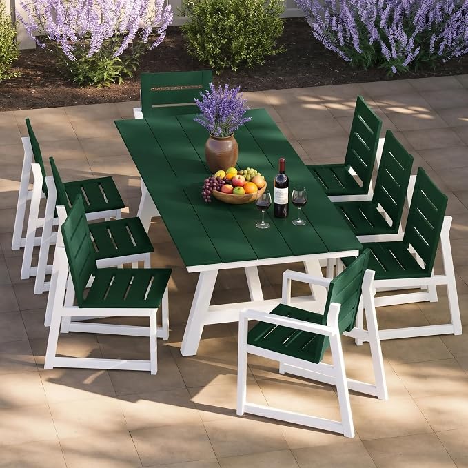 Costaelm Stinson 9-Piece Outdoor HDPE Patio Dining Table Set with Umbrella Hole & Dining Chairs for 8, Dark Green