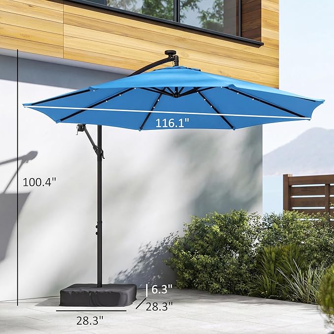 Outsunny 10 ft Cantilever Patio Umbrella with Solar LED Light, Sandbag Weight, Offset Hanging Outdoor Market Umbrella with Protective Cover, Crank and Tilt