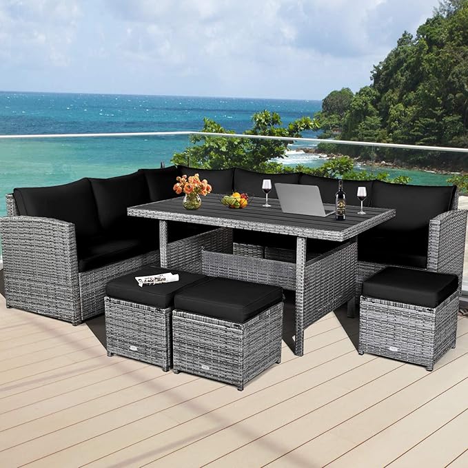 HAPPYGRILL 7 Pieces Rattan Wicker Patio Conversation Set, Outdoor Patio Furniture Set with Cushions, Rattan Sofa Set with Dining Table & Ottomans for Poolside Backyard Balcony Garden (Black)