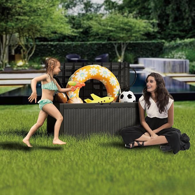 Outdoor Storage Box Waterproof, 100 Gallon Lockable Resin Deck Box Large, Patio Storage Bin for Pool Accessories Cushion Furniture, Garden Tools, UV-Resistant Outside Delivery Black