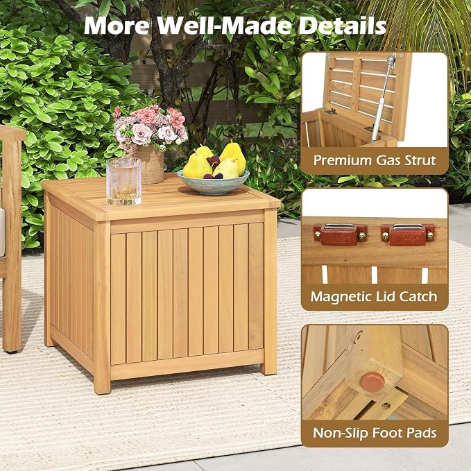 HAPPYGRILL Outdoor Side Table with Umbrella Hole, Acacia Wood End Table with Storage, Removable Base, Patio Storage Box for Backyard, Balcony, Poolside (Square)
