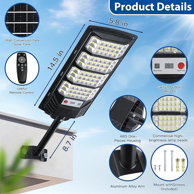 Yusist 4 Pack Solar Street Lights Outdoor Waterproof, 6500K LED Motion Sensor Lights, Dusk to Dawn Solar Flood Lights with Remote,Parking Lot Light,Commercial Area Lighting for Outside