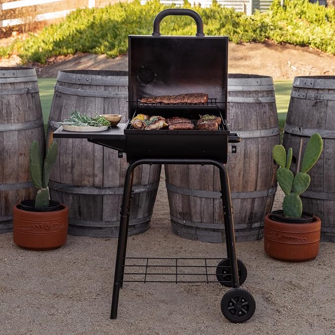 Nexgrill 17.5" Charcoal Grill with Side Shelf, 349 SQ In Cooking Space, Adjustable Chimney, Air Dampers, Temperature Gauge, Warming Rack, Barrel Smoker Grill for Camping, Picnics, and More - 810-0063