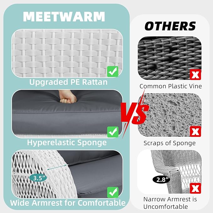 MEETWARM Outdoor Wicker Patio Glider Set, Loveseat for 2 Person Porch Furniture Glider with Glass-Top Coffee Table, Patio Glider Rocking Bench with Thickened Cushions, White Wicker/Grey