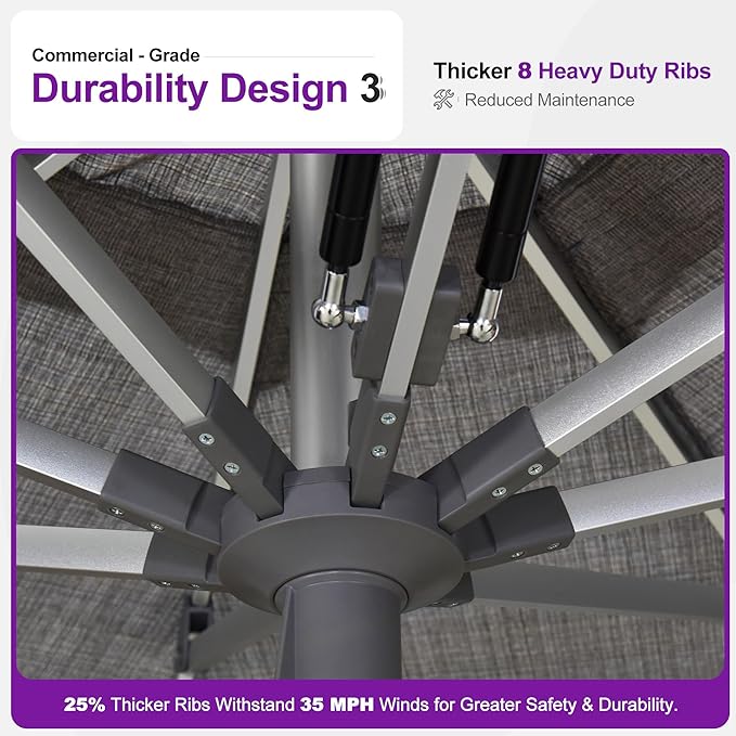 PURPLE LEAF 9 FT Semi-Auto Outdoor Patio Umbrella Market Table Sun Umbrellas with 8 Aluminum Sturdy Ribs for Backyard Deck Garden Pool (Silver Pole Gray Canopy)