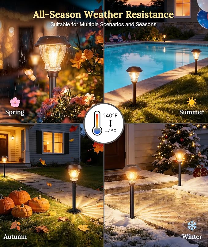 XMCOSY+ Solar Pathway Lights Outdoor, 6 Pack Auto On/Off Garden Lights with Crackled Glass, Integrated Vintage LED Weather-Resistant Stainless Steel Landscape Lighting for Yard Walkway (Warm White)