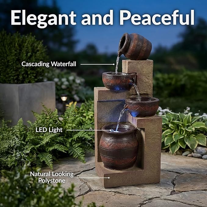 Sunnydaze Cascading Terra Bowls Solar Water Fountain - 30-Inch Outdoor Water Feature with LED Light - for Garden, Patio, Decks