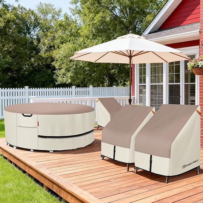 Porch Shield Patio Chair Covers - Waterproof Outdoor Lounge Deep Seat Adirondack Chair Cover 4 Pack - 34W x 37D x 36H inch, Light Tan & Khaki