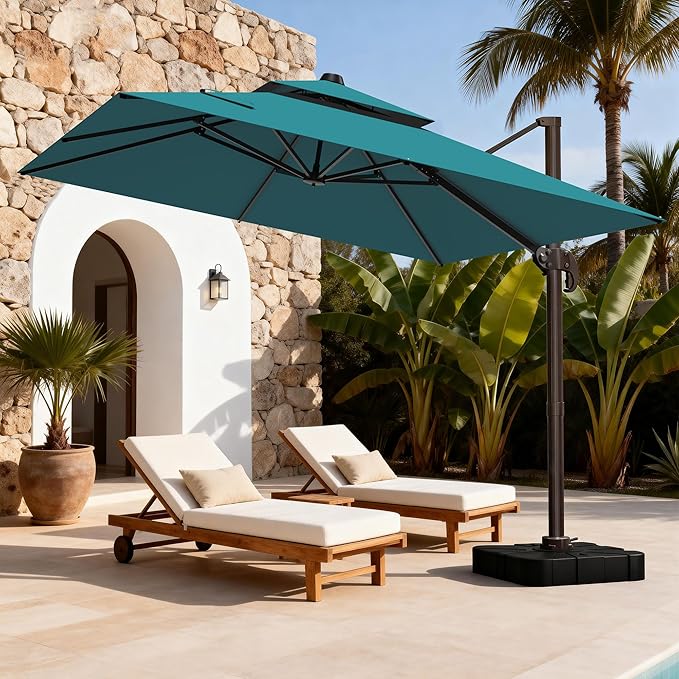 10x10Ft Patio Umbrella Outdoor Cantilever Rectangle Umbrella with Base Included, 6-Level Tilt & 360° Rotation Offset Umbrella for Garden, Deck, Pool(Turquoise)