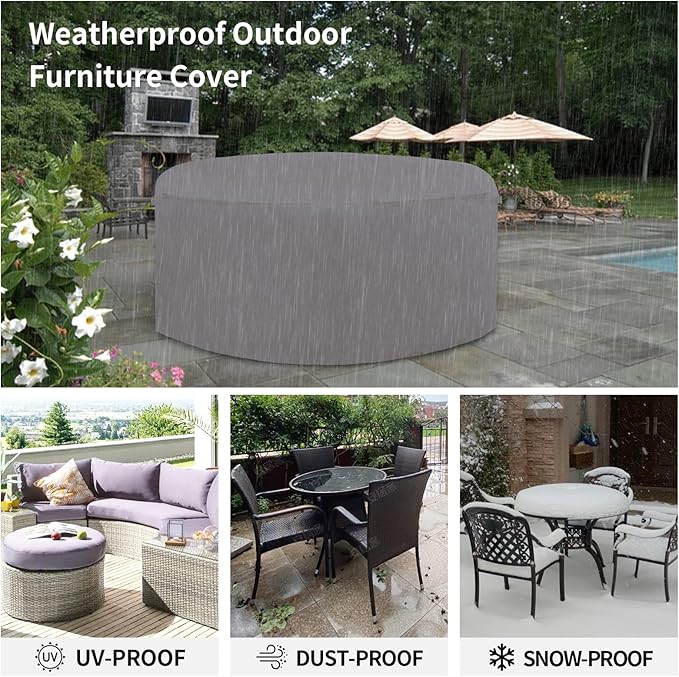 Easy-Going 600D Heavy Duty Round Patio Furniture Cover, Outdoor Table and Chair Set, Waterproof Sectional Cover (62"DIAx 28"H, Grey)