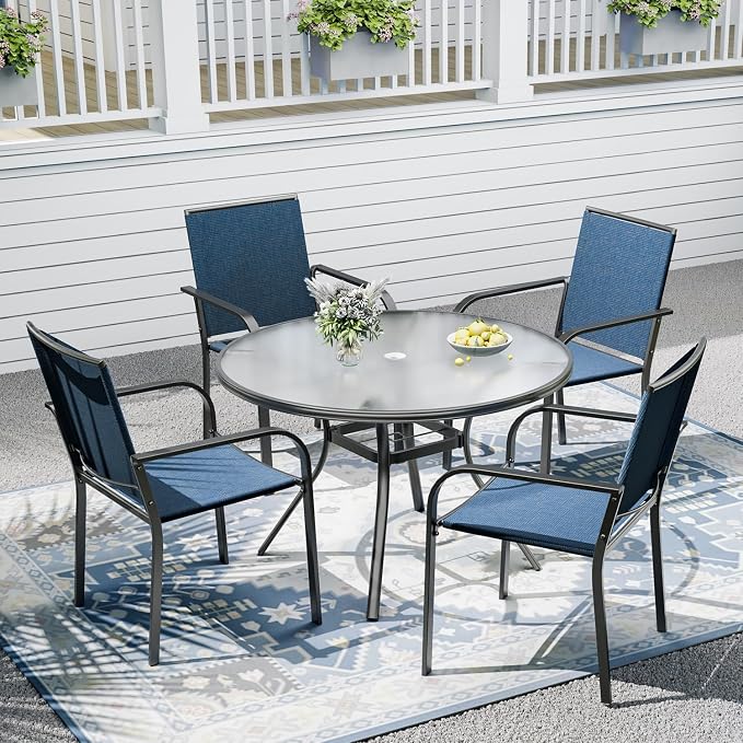 Outdoor Patio Set, 40" Round Glass Dining Table and 4pcs Stackable Chairs, All-Weather Patio Furniture Set with 1.7" Umbrella Hole for Garden Backyard Lawn Poolside