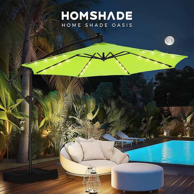 HOMSHADE 10ft Solar Lights Offset Cantilever Patio Umbrella - with Light and Base, LED Lighted Offset Hanging Patio Outdoor Market Umbrella UPF50+ UV Protection with Easy Tilt and Crank (Apple Green)