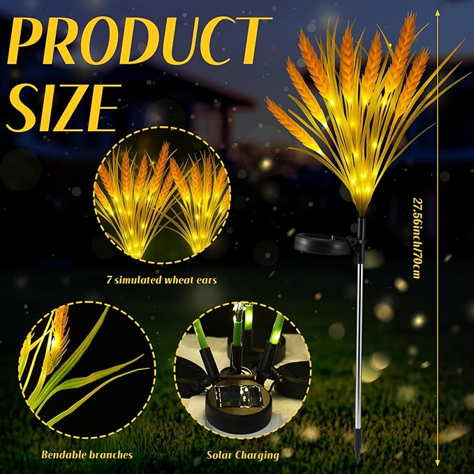 Rossesay 4 Pcs Thanksgiving Solar Lights Decorative Fall Outdoor Garden Autumn Solar Flowers Lights with 28 Realistic Wheat Ears Waterproof Decor for Yard Pathway Lawn Patio Garden Outdoor