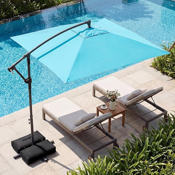 Tangkula 8x8 FT Patio Umbrella with Base Included, Square Offset Cantilever Outdoor Umbrella with 360 Degree Rotation, Crank Handle, Sandbags, 8 Ribs for Pool Deck Garden Backyard
