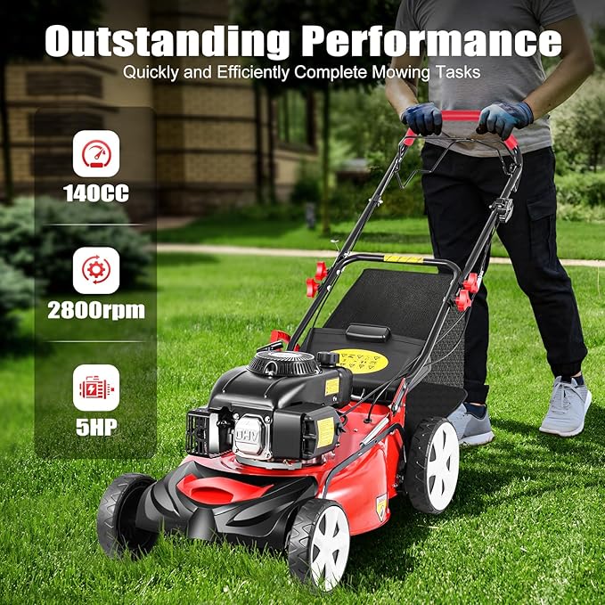 140CC Self-Propelled Lawn Mower, 5HP 4-Stroke Gas Lawn Mower with 8-Position Height 15.9-Gallon Bag Lightweight Grass Cutter for Yard & Garden 2800Rpm Pull Start