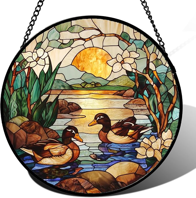 Stained Glass Window Hanging, Ducks in the Pond Sun Catcher for Door Home Decor Landscape Plant Suncatcher Christmas Mother's Day Birthday Gifts for Women Men Mom Nana 6.3 in