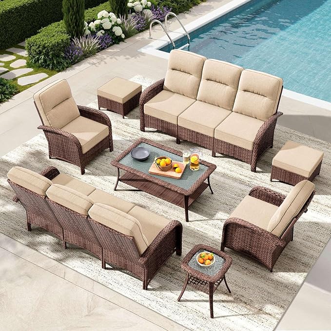 8-Piece Patio Furniture Set with 6-Inch Thick Cushions, High Back Outdoor Couch and Arm Chairs, All-Weather Conversation Set for Porch, Deck, Yard, Pool in Beige