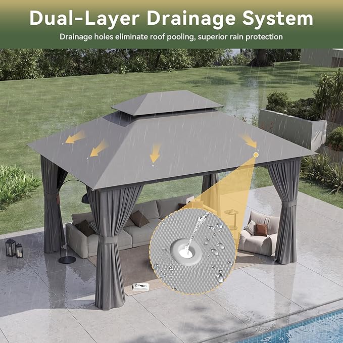 12'x10' Gazebo, Outdoor Gazebo Metal Frame Canopy with Double Roofs, Heavy Duty Patio Tent Shelter with Mosquito Netting and Privacy Screen for Backyard, Grey