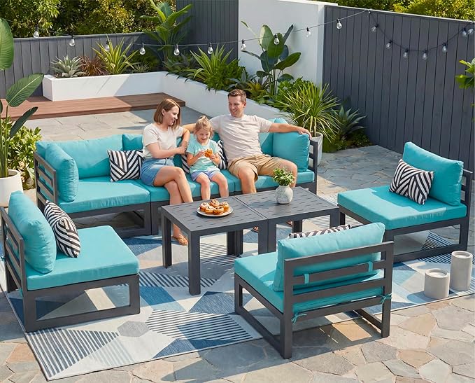 NICESOUL 8 Piece Oversized Modular Aluminum Outdoor Furniture Set, 29" Deep and Wide Sectional Seating, 500 lbs High Weight Capacity Water Resistant Patio Conversation Set for Garden Deck, Turquoise