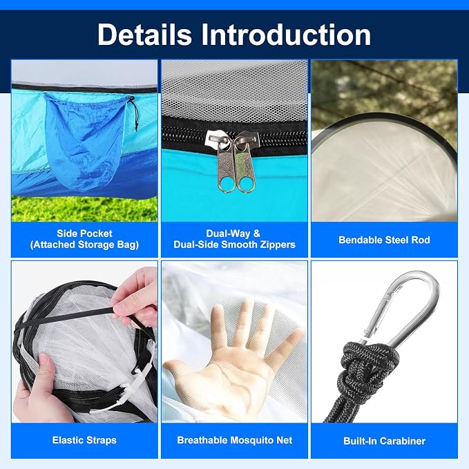Camping Hammock with Mosquito Net, 3 in 1 Portable Hammock Tent 440lbs Capacity Attached Storage Pocket Single Nylon Hammock Set for Outdoor Travel Camping Hiking Backpacking (RoBlue SkyBlue)