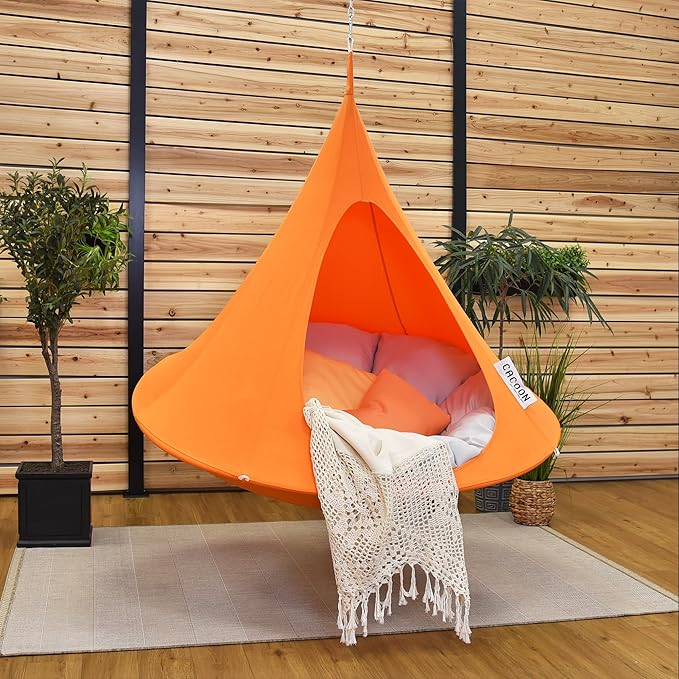 Single Cacoon Hanging Chair – Cozy Indoor/Outdoor Hammock with Polyester Canvas, 440 lb Capacity, Includes 18ft Rope & Carabiner (Nectarine)