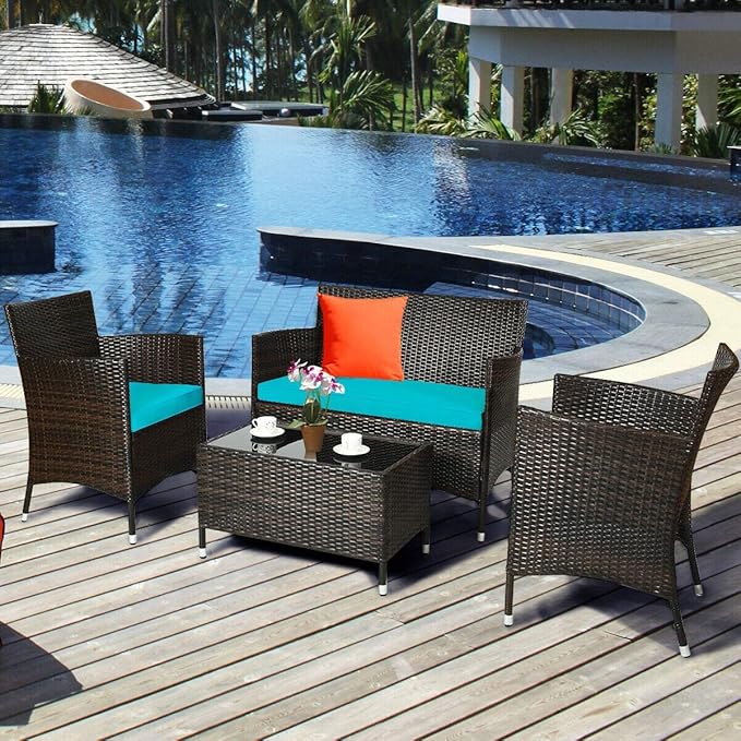 HAPPYGRILL 4-Piece Patio Furniture Set Rattan Wicker Conversation Set with Cushioned Sofa and Coffee Table for Outdoor Backyard Garden Poolside