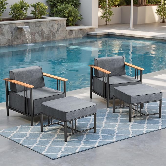 Luxury Patio Chairs with 10" Extra Thick Cushions, Outdoor Chairs with Ottomans, 4 PCS Outdoor Furniture Set for Porch, Balcony, Deck, Patio, Yard, Poolside, Black/Grey
